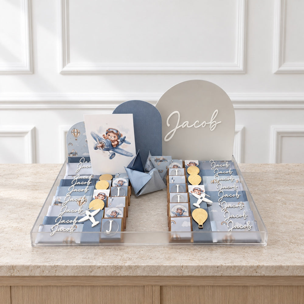 The Little Pilot personalized chocolate tray, shown with the name Jacob