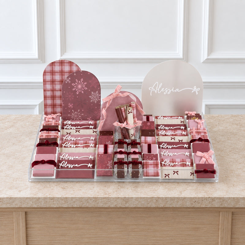 The Velvet Bow personalized chocolate tray, shown with the name Alessia